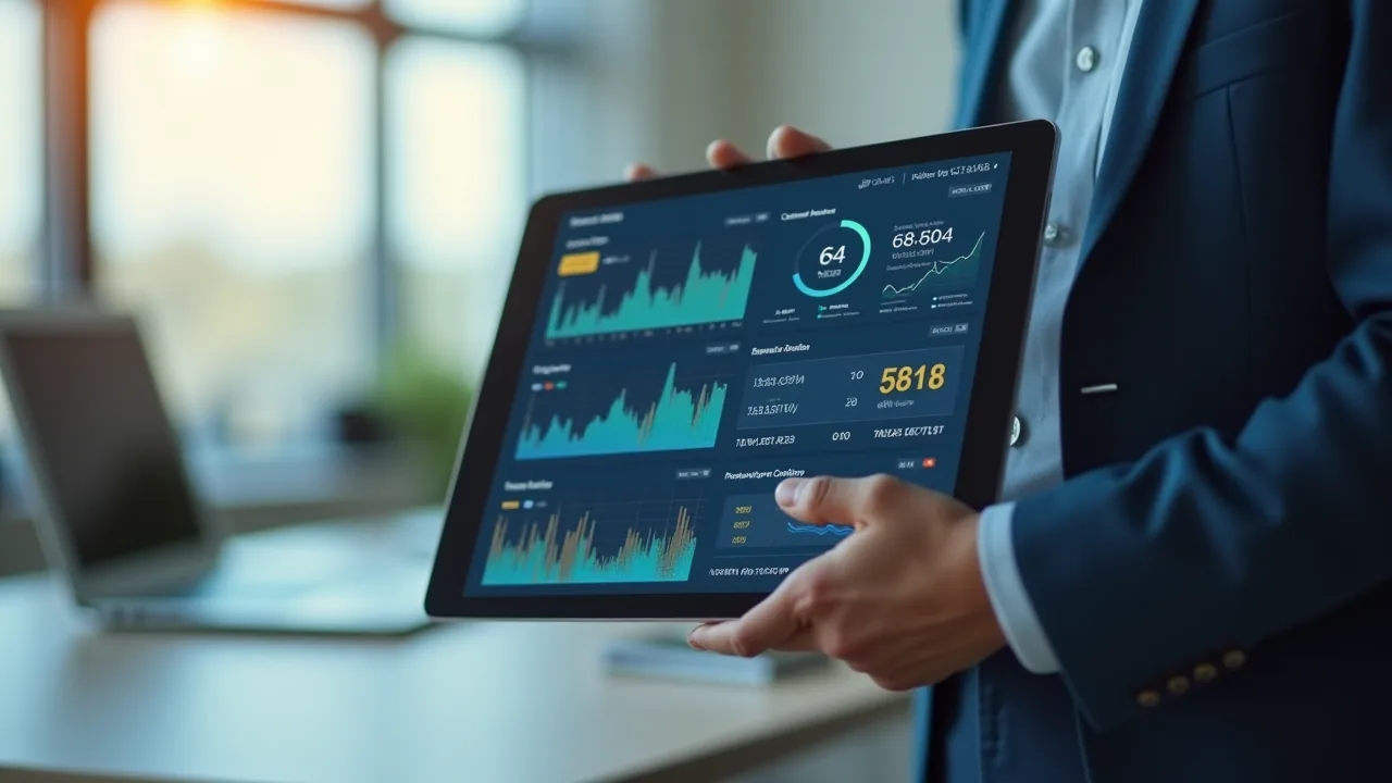 Tablet displaying energy monitoring data and status indicators